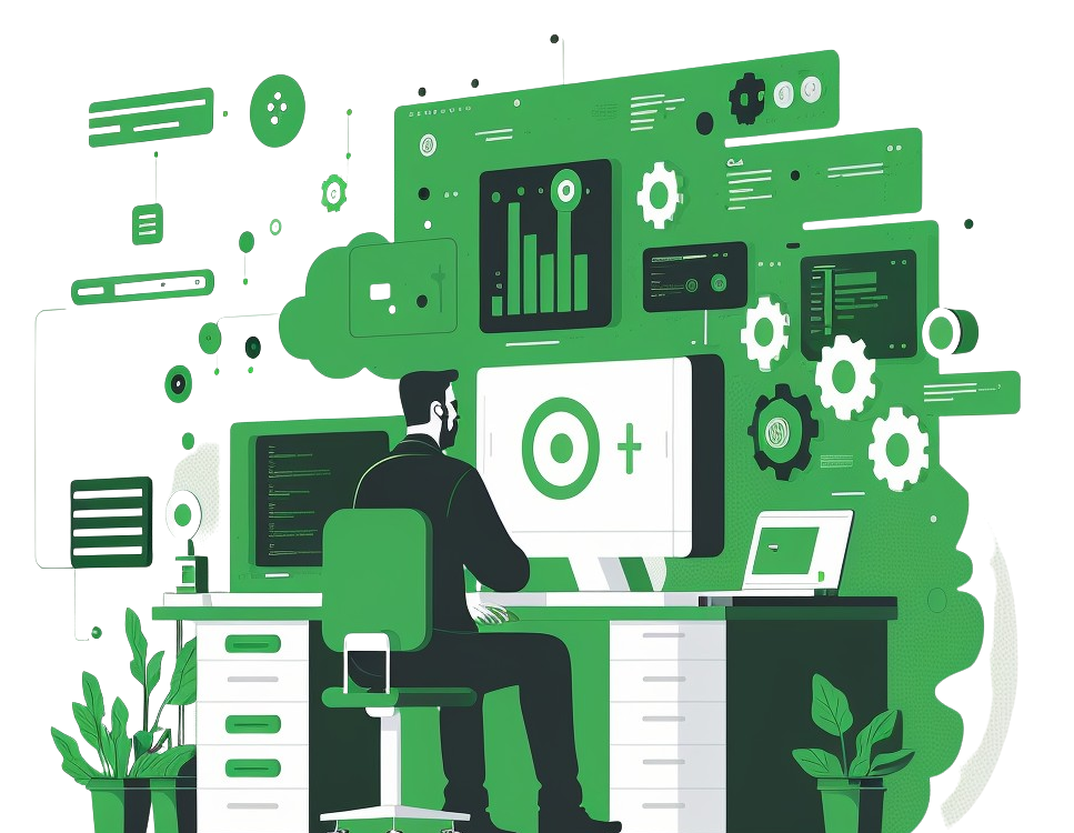 Ilustração de soluções web: desenvolvimento, design responsivo e tecnologia digital