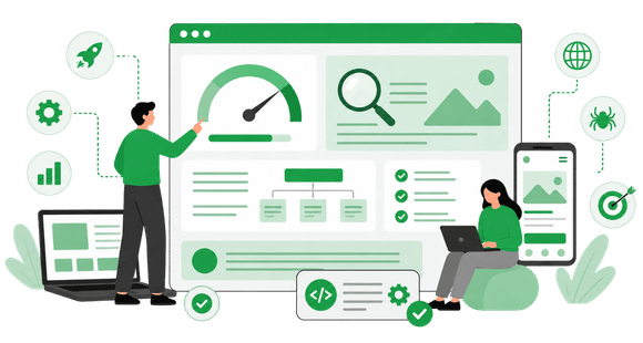 Ilustração de otimização de SEO e performance